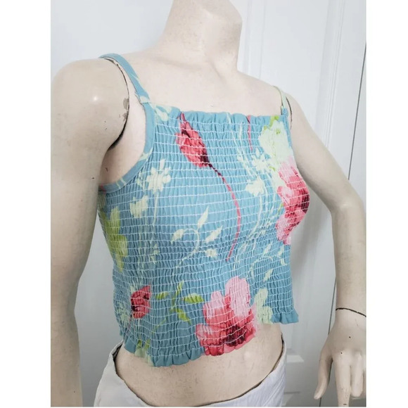 French Kiss Blue floral stretchy tank top crop top junior  LARGE womens SMALL - Picture 1 of 9
